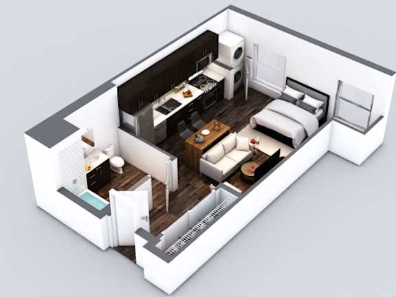 A 3D rendered image of a modern apartment layout.