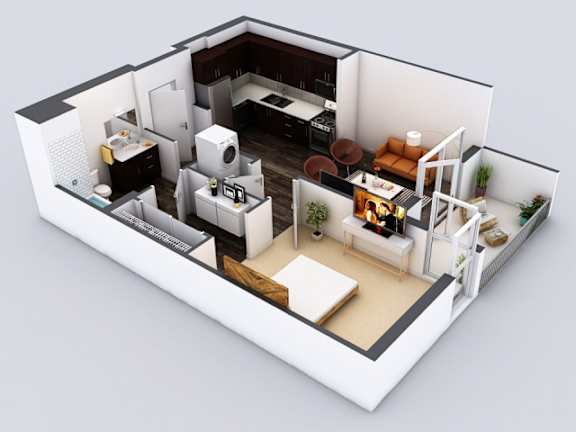 A 3D floor plan of a house with a kitchen, living room, and bedrooms.