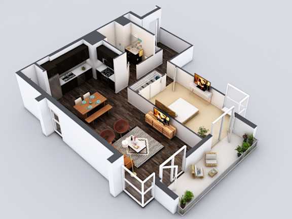 A 3D rendered image of a modern house layout.