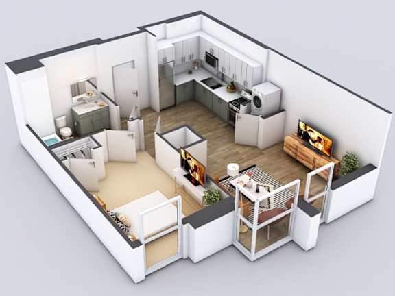 A 3D rendered image of a modern apartment layout.