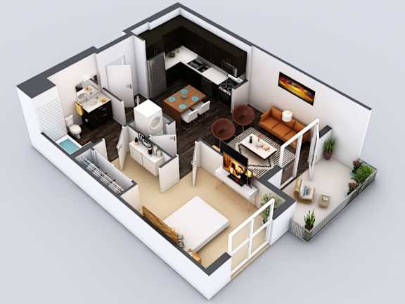 A 3D floor plan of a small apartment with a kitchen, living room, and bathroom.
