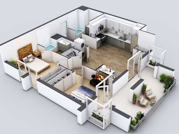 A 3D rendered image of a modern house interior.
