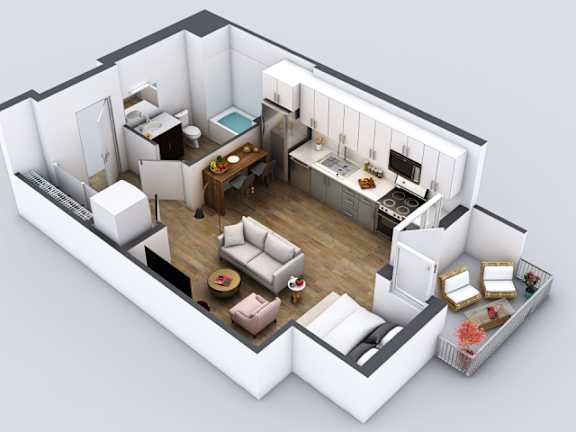 A 3D rendered image of a modern apartment layout.