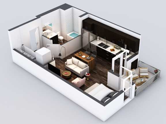 A 3D rendered image of a modern apartment layout.