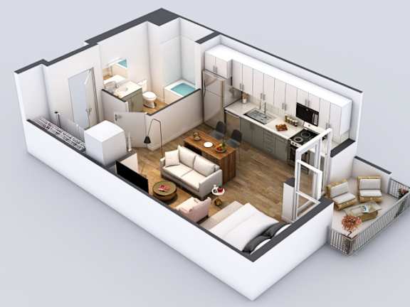 A 3D rendered image of a modern apartment layout.