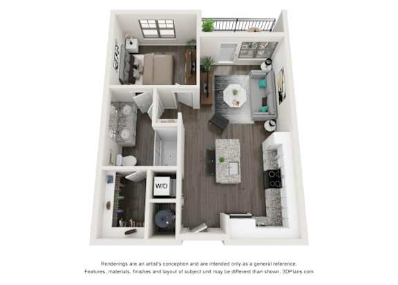 A 3D floor plan of a small apartment with a kitchen, living room, and bathroom.