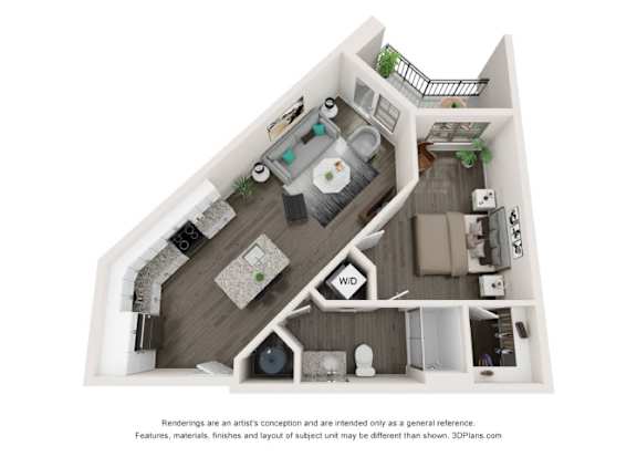 A 3D floor plan of a house with a kitchen, living room, and two bedrooms.