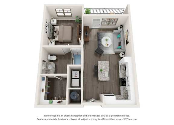 A 3D floor plan of a small apartment with a kitchen, living room, and bathroom.