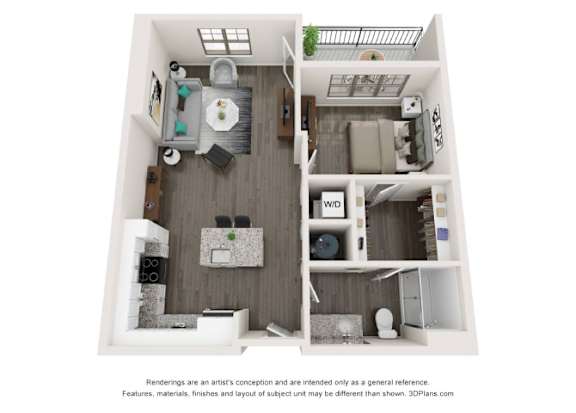 A 3D floor plan of a small apartment with a kitchen, living room, and bathroom.