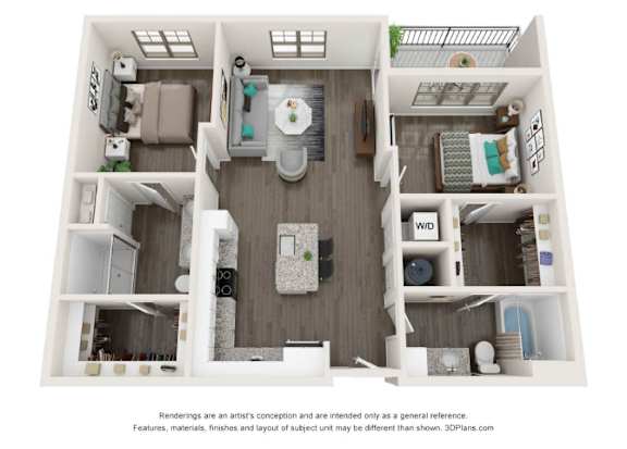 A 3D floor plan of a small apartment with a kitchen, living room, and bathroom.