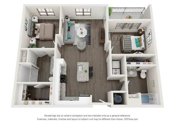 A 3D floor plan of a small apartment with a kitchen, living room, and bathroom.