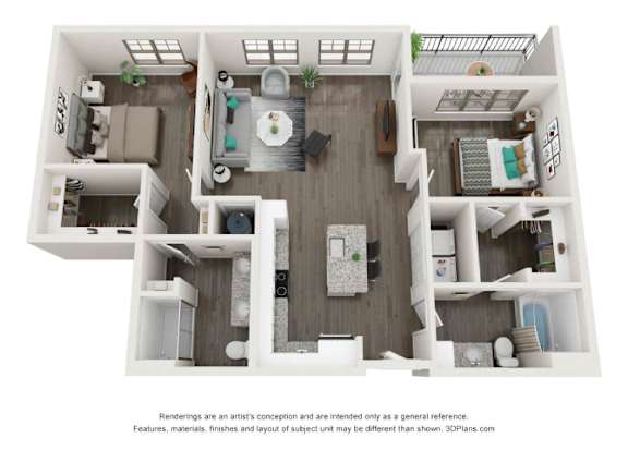 A 3D floor plan of a small apartment with a kitchen, living room, and bedroom.