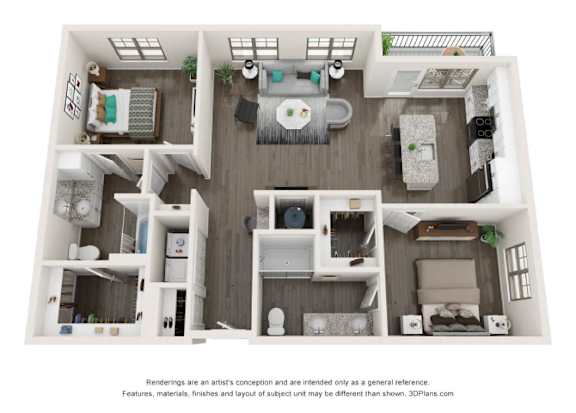 A 3D floor plan of a house with a kitchen, living room, and two bedrooms.