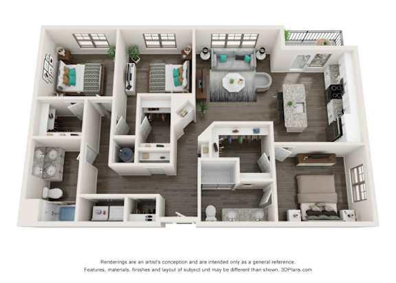 A 3D floor plan of a house with two bedrooms, a living room, a kitchen, a bathroom, and a dining area.