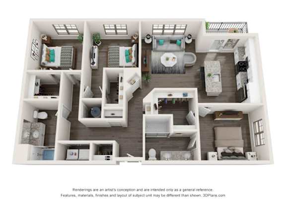 A 3D floor plan of a house with multiple rooms and furniture.