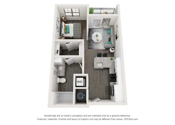 A 3D floor plan of a small apartment with a kitchen, living room, and bathroom.