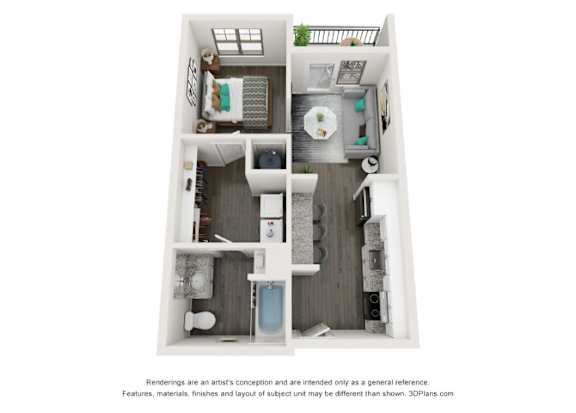 A 3D floor plan of a small apartment with a kitchen, living room, and bathroom.
