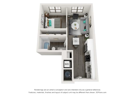 A 3D floor plan of a small apartment with a kitchen, living room, and bathroom.
