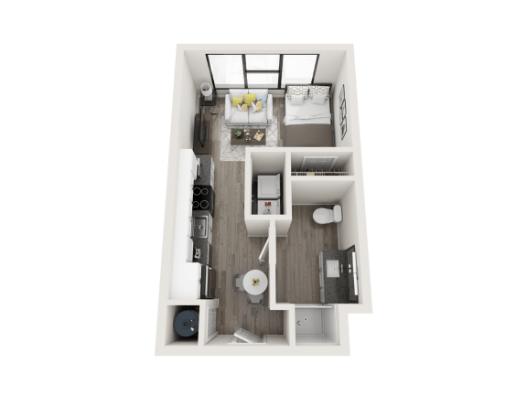 Studio apartment with large windows and side-by-side washer/dryer at Link Apartments® Montford, North Carolina