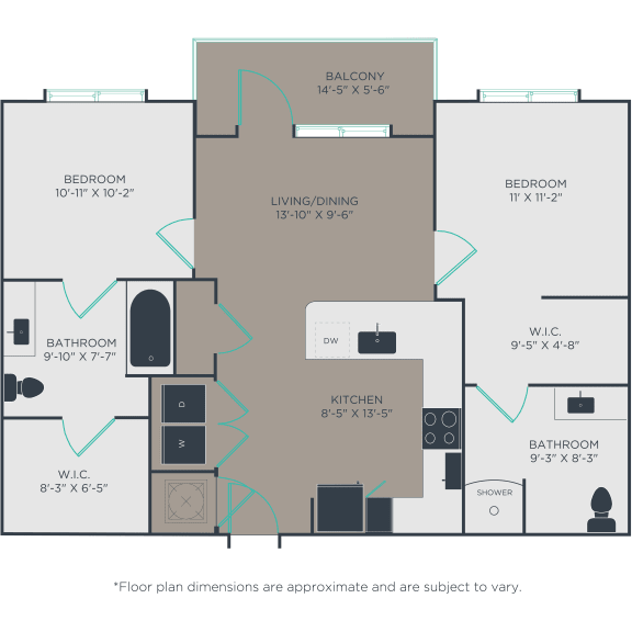 The B1-A two bedroom, two bathroom floor plan at Link Apartments Broad Ave in Memphis, TN.