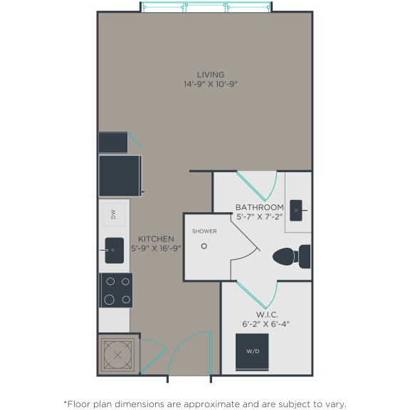 Floor plan with dimensions for 411 sq. ft. studio apartment.