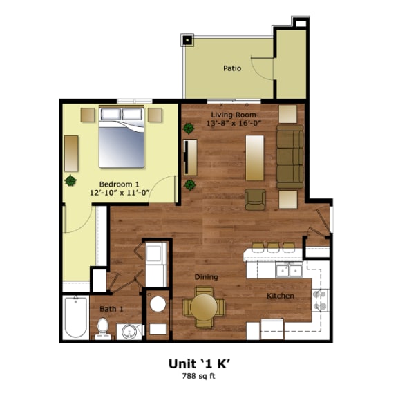 a floor plan of a studio apartment with a bedroom and a living room