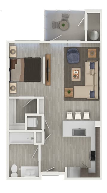 A 3D floor plan of a small apartment with a kitchen, living room, and bathroom.
