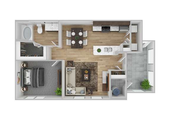 A 3D floor plan of a small apartment with a kitchen, living room, and bathroom.