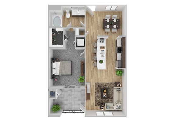 A top-down view of a small apartment with a kitchen, living room, and bathroom.