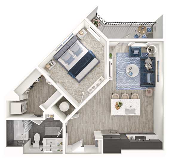 A top-down view of a small apartment with a kitchen, living room, and bathroom.