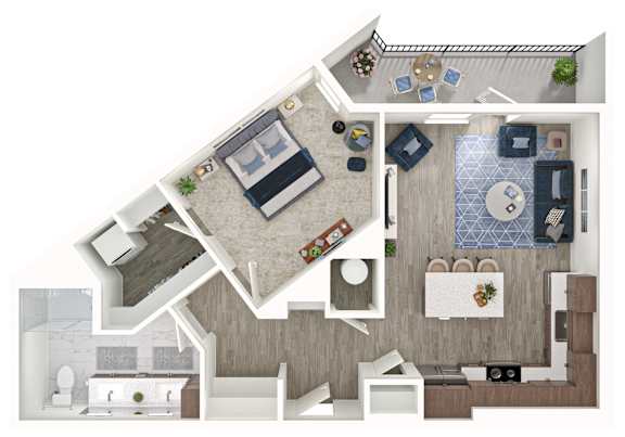A top-down view of a house interior with a kitchen, living room, and dining area.