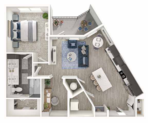 A top-down view of a modern apartment layout with a kitchen, living room, and bathroom.