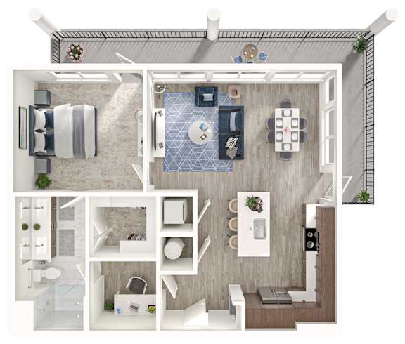 A 3D floor plan of a small apartment with a kitchen, living room, and bathroom.