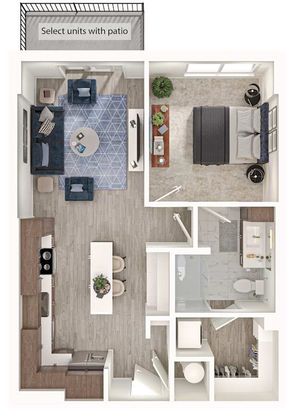A floor plan of a house with a patio and a kitchen.