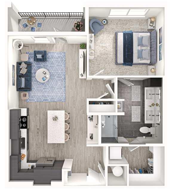 A top-down view of a small apartment layout with a kitchen, living room, and bathroom.