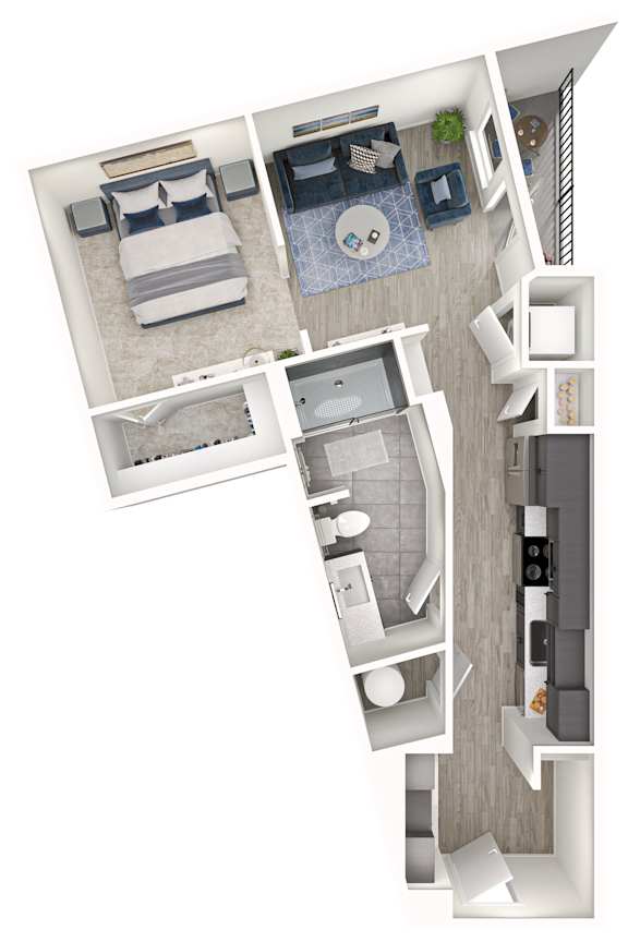 A top down view of a small apartment with a bedroom, living room, and kitchen.