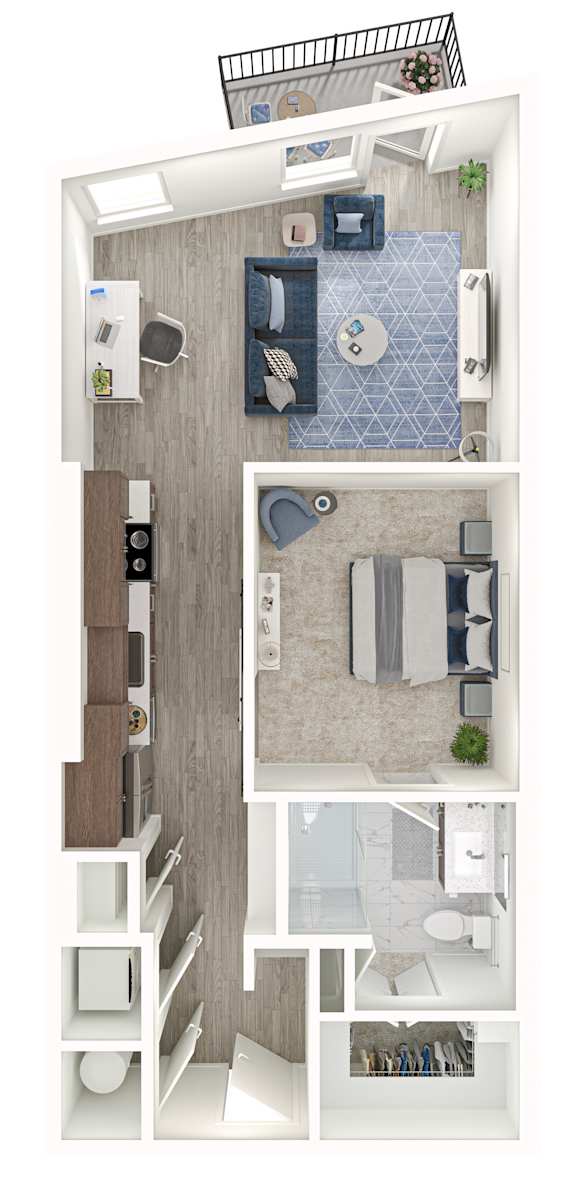 A series of images showing a top-down view of a small apartment layout.