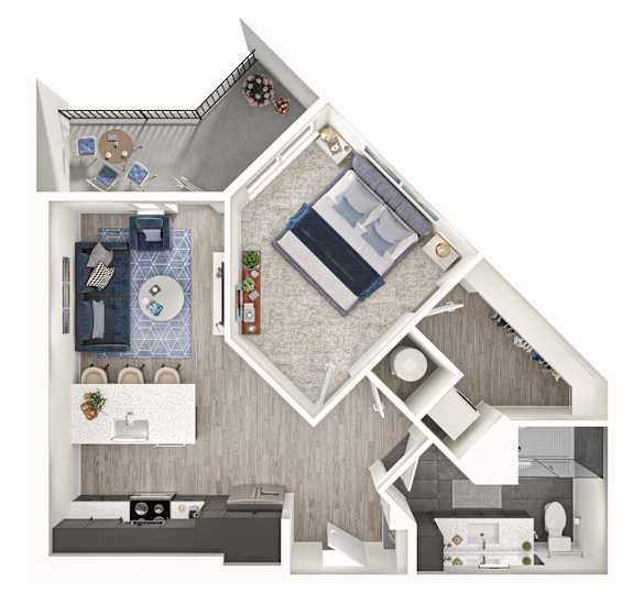 A 3D floor plan of a house showing the layout of the rooms.
