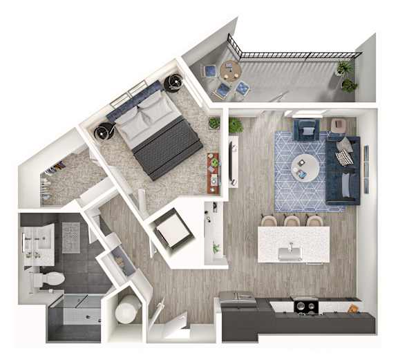 A top-down view of a modern apartment layout with a kitchen, living room, and bedroom.