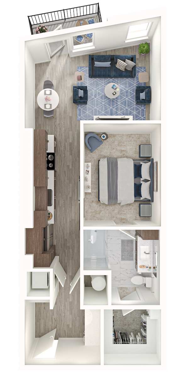 A series of images showing different layouts of a small apartment.