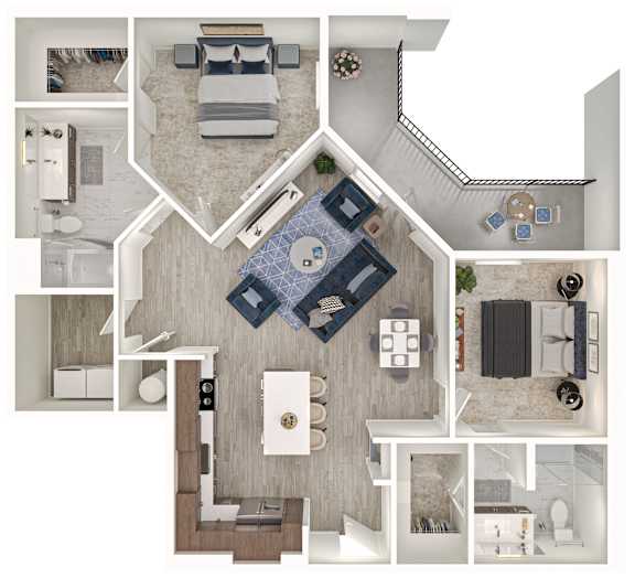 A top-down view of a house layout with a living room, kitchen, and bedrooms.