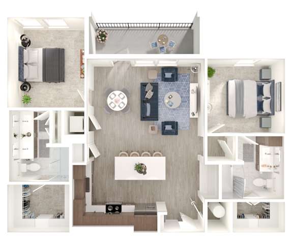 A top-down view of a modern apartment layout with a kitchen, living room, and bathroom.