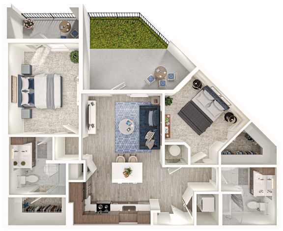 A top-down view of a house layout with a green outdoor area.