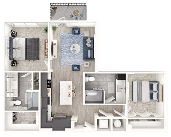 A floor plan of a small apartment with a kitchen, living room, and bathroom.