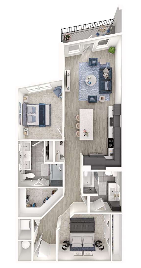 A floor plan of a small apartment with a kitchen, living room, and bathroom.