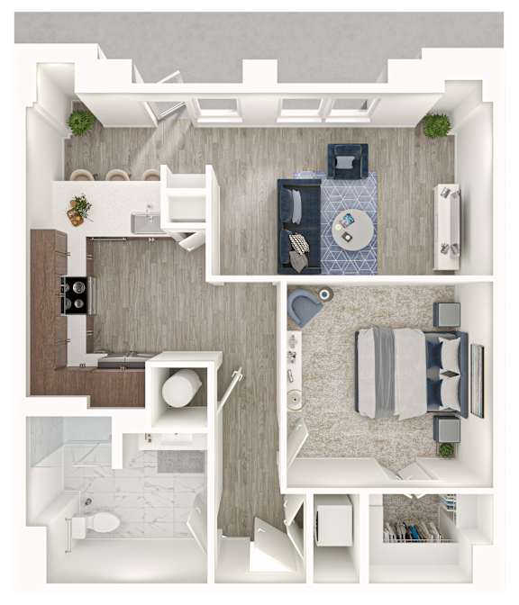 A top-down view of a modern bathroom with a toilet, sink, bathtub, and a shower.