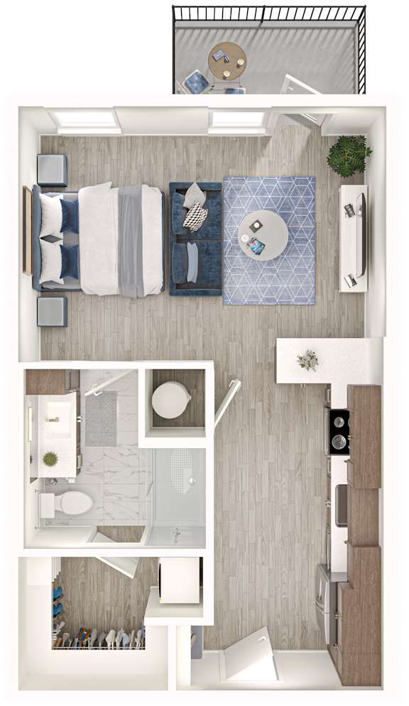 A top-down view of a small apartment with a kitchen, living room, and bathroom.