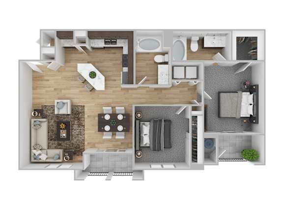 A 3D floor plan of a house showing a kitchen, living room, and bathroom.
