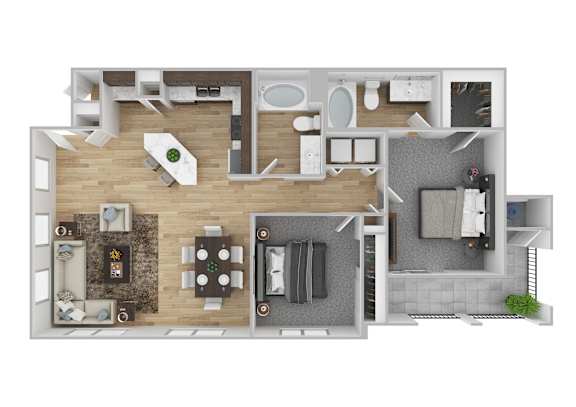 A 3D floor plan of a house showing a kitchen, living room, two bedrooms, a bathroom, and a laundry area.