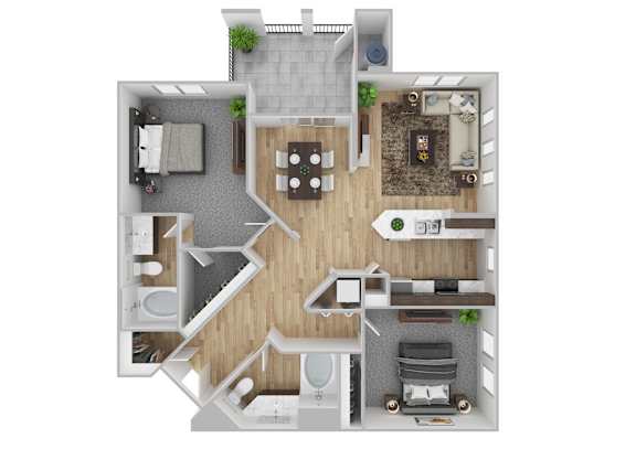 A 3D floor plan of a small apartment with a kitchen, living room, and bathroom.